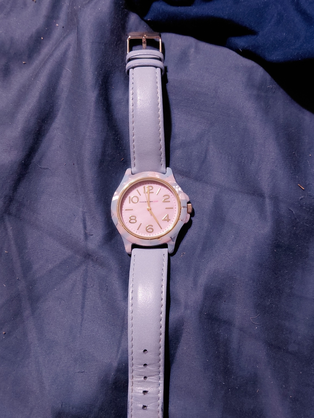 Isaac Mizrahi Light Blue Leather Strap Watch with Gold Accents